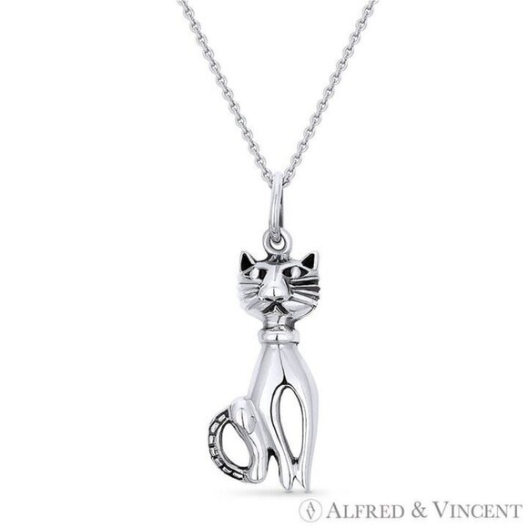 Cat Animal Charm Pendant in Oxidized .925 Sterling Silver - Picture 1 of 1